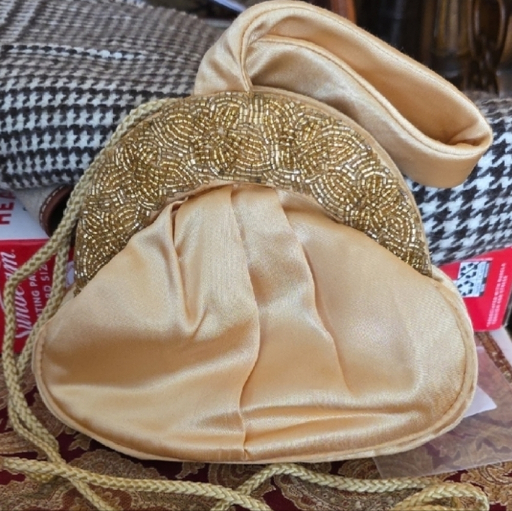 Vtg Handmade Beaded Gold Satin Evening Bag Almost New Condition